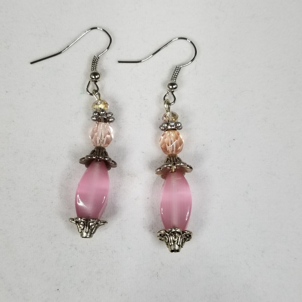 Beaded pink cat's eye dangle earrings